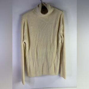 LL Bean Cream Merino Wool Ribbed Turtleneck Sweater Sz L